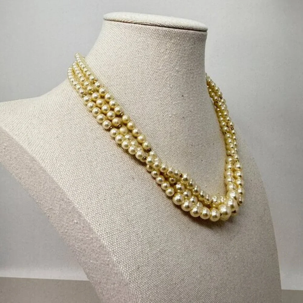 Vintage Multi-Strand Cream Imitation Pearl‎ Necklace Gold-Tone Spacer Beads